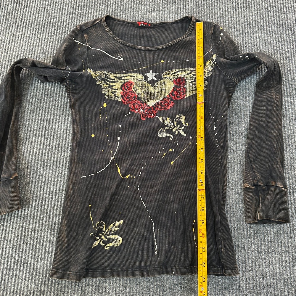 T Party Womens Graphic Thermal Shirt Small Black Acid Wash Winged Heart Roses - Picture 6 of 8